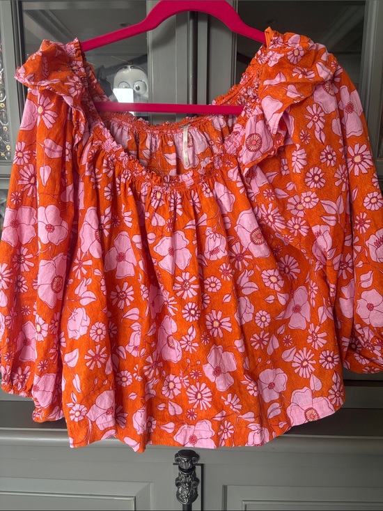 Free People Tops - Free People Orange and Pink Floral Off-the-Shoulder Peasant Blouse
